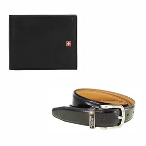 Swiss Military Combo Pack of Black Men's Wallet with Leather Belt, PW1 and BLT12