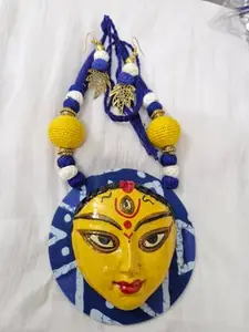 Traditional Durga Face Pendant Necklace, Red and Yellow Beaded Chain, Handcrafted Festival Jewellery (Blue)