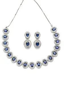 Karatcart Blue American Diamond Studded Silver Tone Necklace Set