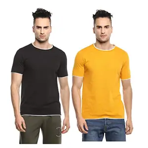 Alan Jones Clothing Double Collar Men's Round Neck T-Shirt Pack of 2 (Black, Mustard_XXL)