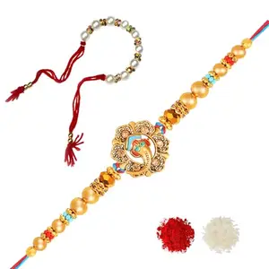 De Marquis Bhaiya & Bhabhi Rakhi Gift Set, 1 Rakhi + 1 Lumba, Couple Rakhee, Tikka + Greeting Card Combo Gift Set (HAPPY RAKSHABANDHAN)