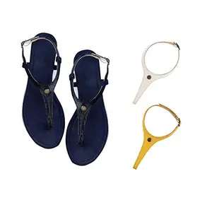Cameleo -changes with You! Women's Plural T-Strap Slingback Flat Sandals | 3-in-1 Interchangeable Leather Strap Set | Black-White-Yellow