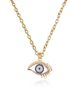 National Rose-Gold Valentine's Day Special Romantic Crystal AD Diamond/Nug Stone Engraved/Studed Evil Eye Lashes Nazar Suraksha Kavach Locket Pendant Charm Necklace With Clavicle Chain