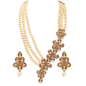 Swarajshop Gold Plated Golden Cream Color Pearls & Traditionally Kundan Bridal Latest Long Necklace Set For Women