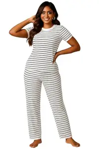 Women’s Cotton Striped Co-ord Set – Soft Stretchy Fabric | Casual Lounge Set with Elastic Waist Pajama & T-Shirt
