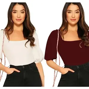 Dream Beauty Fashion Women's Ballon/Puff Sleeves Square Neck Casual Top, 23 Inches - Pack of 2 (Eva White-Maroon-L)