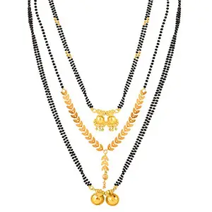 MEENAZ Combo Traditional Temple One Gram Gold Meenakari Copper Brass Wati Mangal sutra Pendant Tanmaniya Black Beads Simple Long Short Mangalsutra Combo Set For Women girls chain -MC-M52