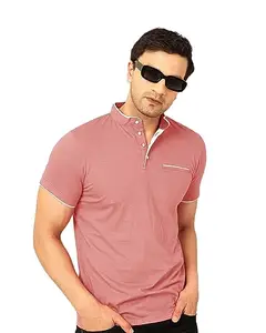 EYEBOGLER Cotton Blend Henley Neck Half Sleeve Solid Men Tshirt Peach White