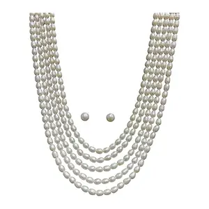 Forever Pearl & Jewellery 5 Lines Natural Fresh water Oval Pearl Necklace | Strand Necklace Pearl Necklace with Earring Set for Women and Girls (White, Pearl Size - 5 to 6 mm)