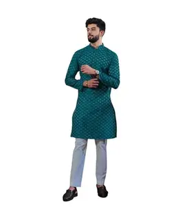 Men's Casual Cotton Printed Full Sleeve Kurta Pyjama Set (Teal, M)-PID60000
