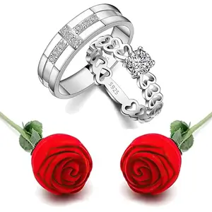 Fashion Frill Valentine Gift For Girlfriend Crystal Heart Silver Couple Ring Red Rose Ring For Women Girls Men Boys Love Gifts Valentine's day Gift For Wife Girlfriend Boyfriend King Queen