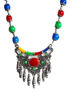 AyA Fashion Oxidised Silver Necklace Set with Pendent and Green, Blue, Red Beads Chain with Earrings, Office Wear |Elegant | Suitable for Girls and Women.