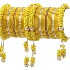 Rijoli Pearl Velvet Latkan metal Bangle set studded with Zircon and Beads for Women/Girl (Pack of 48)(Nimbu-2.6)