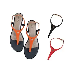 Cameleo -changes with You! Cameleo -changes with You! Women's Plural T-Strap Slingback Flat Sandals | 3-in-1 Interchangeable Leather Strap Set | Orange-Black-Red