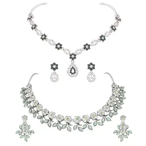 New Lunched Combo Silver Polish with AD Stone Studded Necklace Jewellery set with Matching pair of Earrings for Women and Girls(AB_ATS-SLR-Seagreen&Sparsh-SLR-Green)