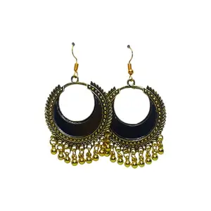 Antique Gold Crescent Drop Earrings, Black Enamel, Traditional Ethnic Design with Hanging Beads
