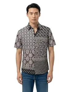 BULLMER Trendy Regular Fit Cotton Blend Printed Casual Half Sleeve Zipper Shirt for Men | Stylish Men’s Casual Shirts | Shirts for Men