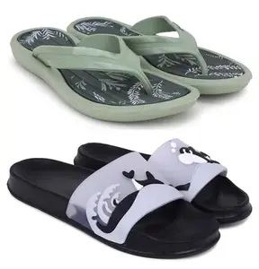 Pampy Angel Combo Pack of 2 Slipper/Flip Flops/Slides/Clogs/Sandals for Women,(V-Sflower-Green,Dolphin-Black),40 (Euro)