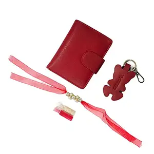 Sassora Red Genuine Leather Ladies RFID Wallet, Keychain and Rakhi Combo Set(SSRA8 Gift-for Her)