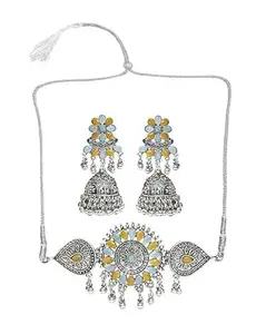 Sky Blue and Yellow Flower Round Choker Necklace for Women – Traditional Indian Jewelry