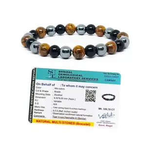Fashionwallah Original Triple Protection Bracelet with Lab Certificate for Men and Women - Natural Energised Tiger Eye Stone, Black Obsidian, Hematite Stone for Power, Protection, Good Luck - 8MM Beads