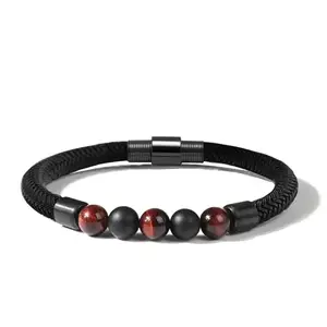 EXTREME Fusion Beads bracelet | Red Tiger's Eye and Onyx Beads | Stainless Steel Mesh Rope | Bracelet for Men