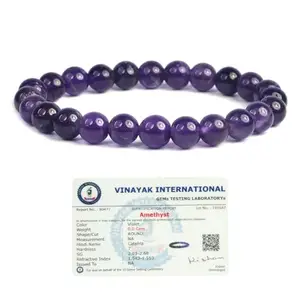 Reiki Crystal Products Certified Amethyst Natural Healing Stone Crystal Round Beads 8 mm Bracelet For Men, Women, Boys, Girls (Purple)