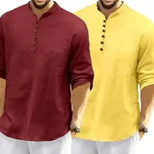 FINIVO FASHION Combo of Men’s Casual Full Sleeve Kurta Style Shirt with Button Placket, Lightweight Breathable Fabric, Regular Fit Ethnic Fusion Wear for Daily & Festive Use Pack of 2