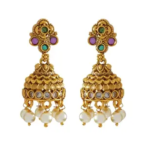 Kushal's Fashion Jewellery Ruby-Green Gold Plated Ethnic Antique Earring - 421528