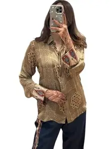 Zans & mens Women's Printed Shirt, Long Sleeve, Embroidered Cuffs, Collared Neck, Casual Ethnic Wear (in, Alpha, XL, Regular, Red-Ajrakh)