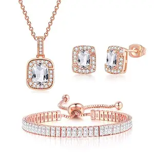 Peora Rose Gold Plated American Diamond Studded Pendant Necklace Bracelet & Earrings Set Fashion Stylish Design Jewellery Gift For Women & Girls