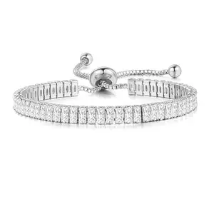 Peora Silver Plated White Baguette Stone Studded Adjustable Charm Bracelet Stylish Fashion Jewellery for Women & Girls