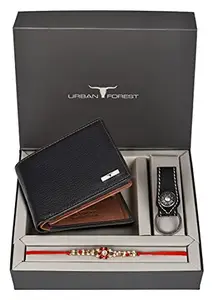 URBAN FOREST Rakhi Gift Hamper for Brother - Black/Redwood Men's Leather Wallet, Black Keyring and Rakhi Combo Gift Set for Brother - 4563