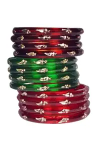 Guruji Fashion Trends | Red | Green | Maroon 12 Piece Glass Kada Set for Womens & Girls (Glass Bangle, 2-6)