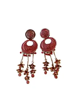Traditional Red and Gold Chandelier Earrings, Beaded Floral Danglers with Chain Details