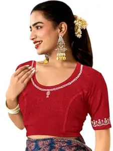 MISS WEARS Women's Regular Fit Readymade Stretchy Elbow Length Embroidered Saree Blouse