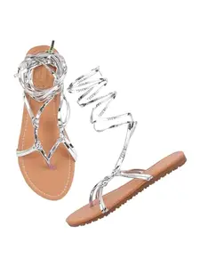 Shoetopia Embellished Silver Sparkle Gladiators For Women & Girls