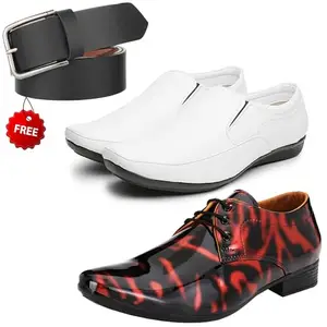 Fashionable Trendy Formal Shoes/Party Shoes/ 2 Shoes Combo with Free Belt for Men and Boys (BAZAAR9524_VTR01-Blk-Red-2007-Bdr) Multicolor