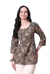 MEERA FAB Women's Floral Printed Cotton Short Kurta | Floral Printed Kurta with Quarter Sleeves | Short Kurti for Women