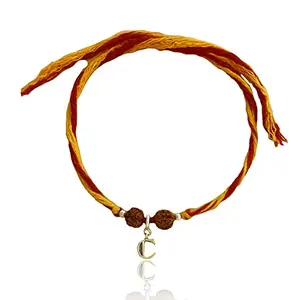 FOURSEVEN Jewellery 925 Sterling Silver Letter C Charm with Rudraksha Moli Charms Rakhi Bracelet, Silver Jewellery 925 for Men, Women & Kids (Raksha Bandhan Rakhi for Brother with Roli Chawal)
