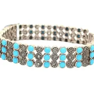 Rajasthan Gems Bracelet Silver Sterling 925 Jewelry Turquoise & Marcasite Stone Women Handmade Gift F944