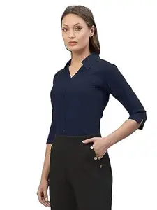 harshiv Enterprise Women's Crepe Casual Shirt Lightweight Button-Down Top Comfortable Office, Travel Stylish, Breathable, Easy-Care Fabric Regular Fit Navyblue Color (Size X-Large)