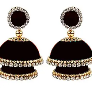 Janvika Novelity Silk Thread Plastic,Double Color Earring Jhumkas Black- Black Color For Women