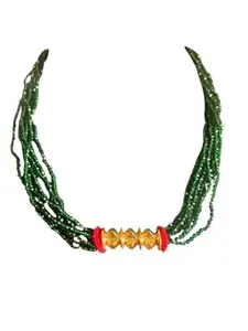 Traditional Nepali small size tilhari in green hydro pote, 8 lung, Green Crystal Beaded Necklace with Gold Accents, Handcrafted Fashion Jewellery