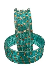 Raahive Kashmiri Raindrop Blue Glass Bangles with Intricate Gold Floral Work – Set of 12