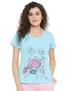Clovia Women's Cotton Rich Graphic Print T-Shirt (LT0124I11_Green_L)