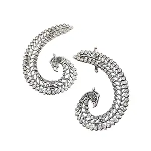 I Jewels Navratri Silver Oxidised Traditional Peacock Design Ear Cuffs Earrings for Women (E3396OX)