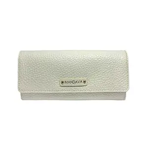 MANDAVA Women's PU Leather Slim Wallet | Ladies Compact Card Holder Trifold Long Purse (White)