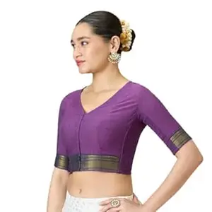 Studio Shringaar Women's Handloom Cotton Stretchable (Smocked) Saree Blouse with Temple Zari Border