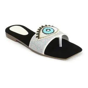KKF Footwear Women's Fancy Bigg Boss Eye Style Slip-On Flat Sandals | White | Girls Ladies